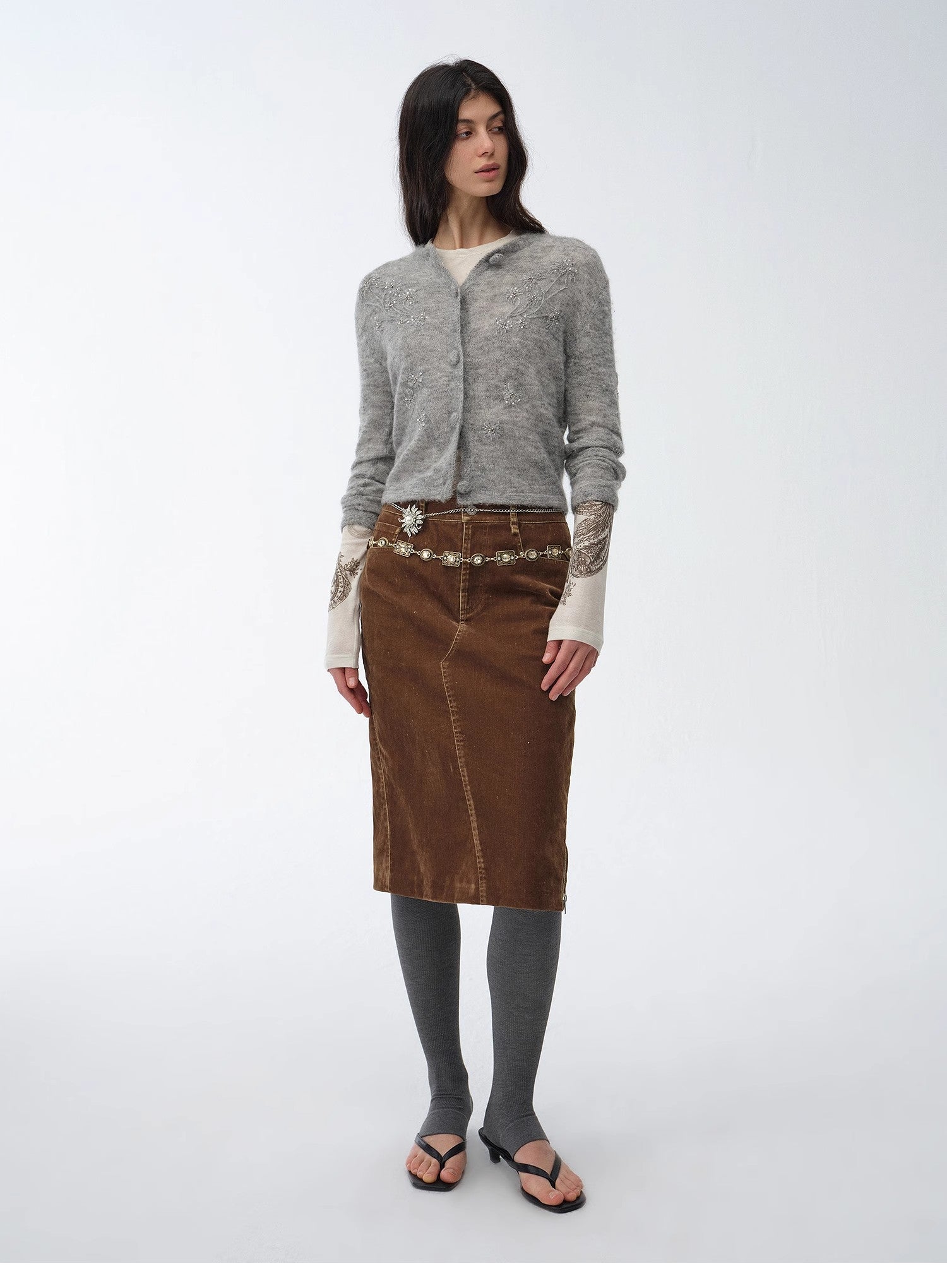 "Early Spring Sun" Retro Distressed Flocked Denim Straight Skirt Side Zipper Slit Skirt - variant_title