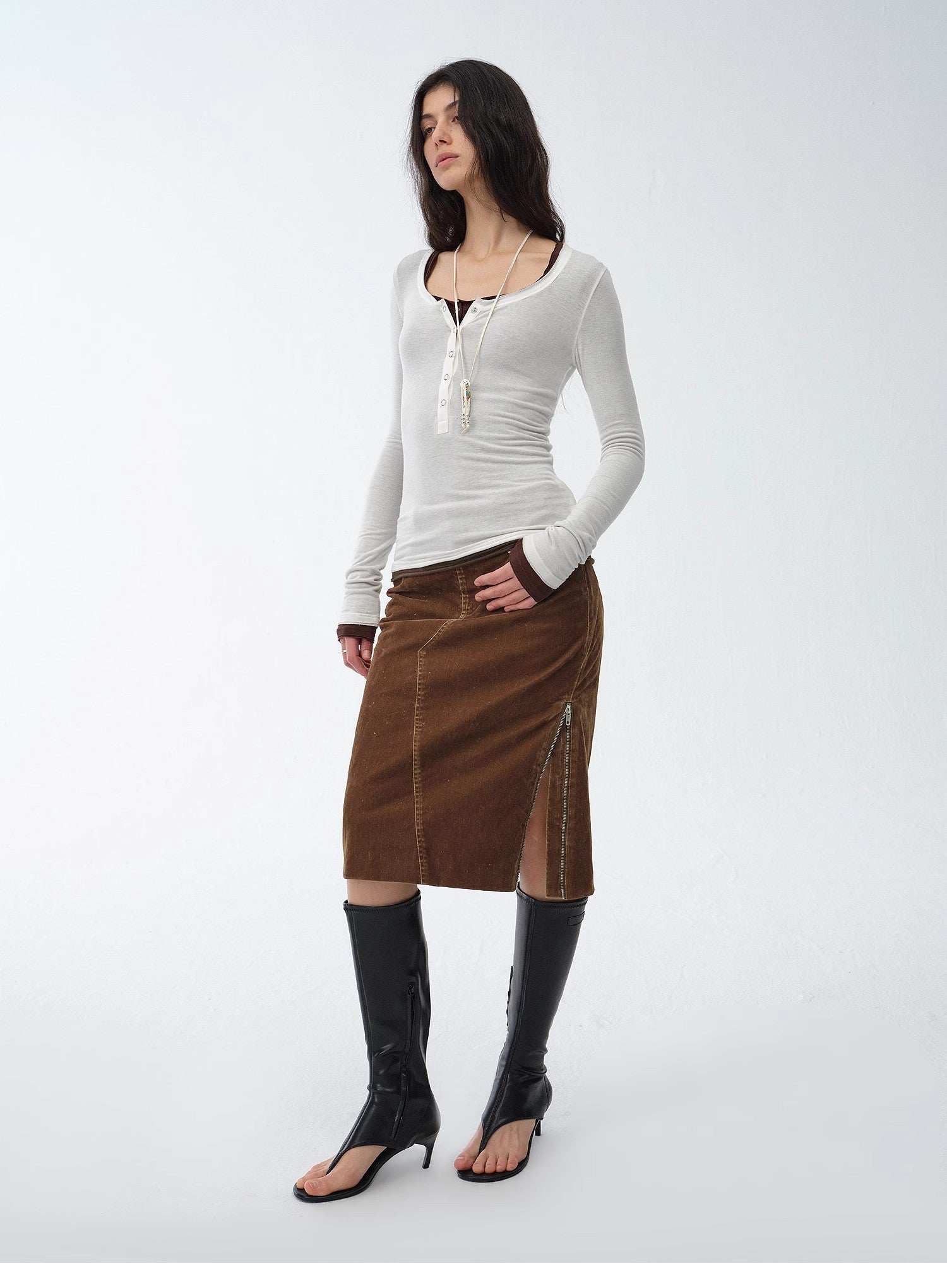 "Early Spring Sun" Retro Distressed Flocked Denim Straight Skirt Side Zipper Slit Skirt - variant_title