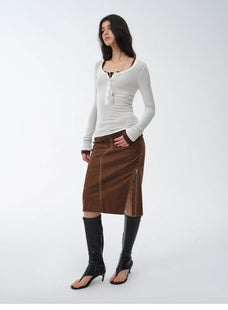 "Early Spring Sun" Retro Distressed Flocked Denim Straight Skirt Side Zipper Slit Skirt - variant_title