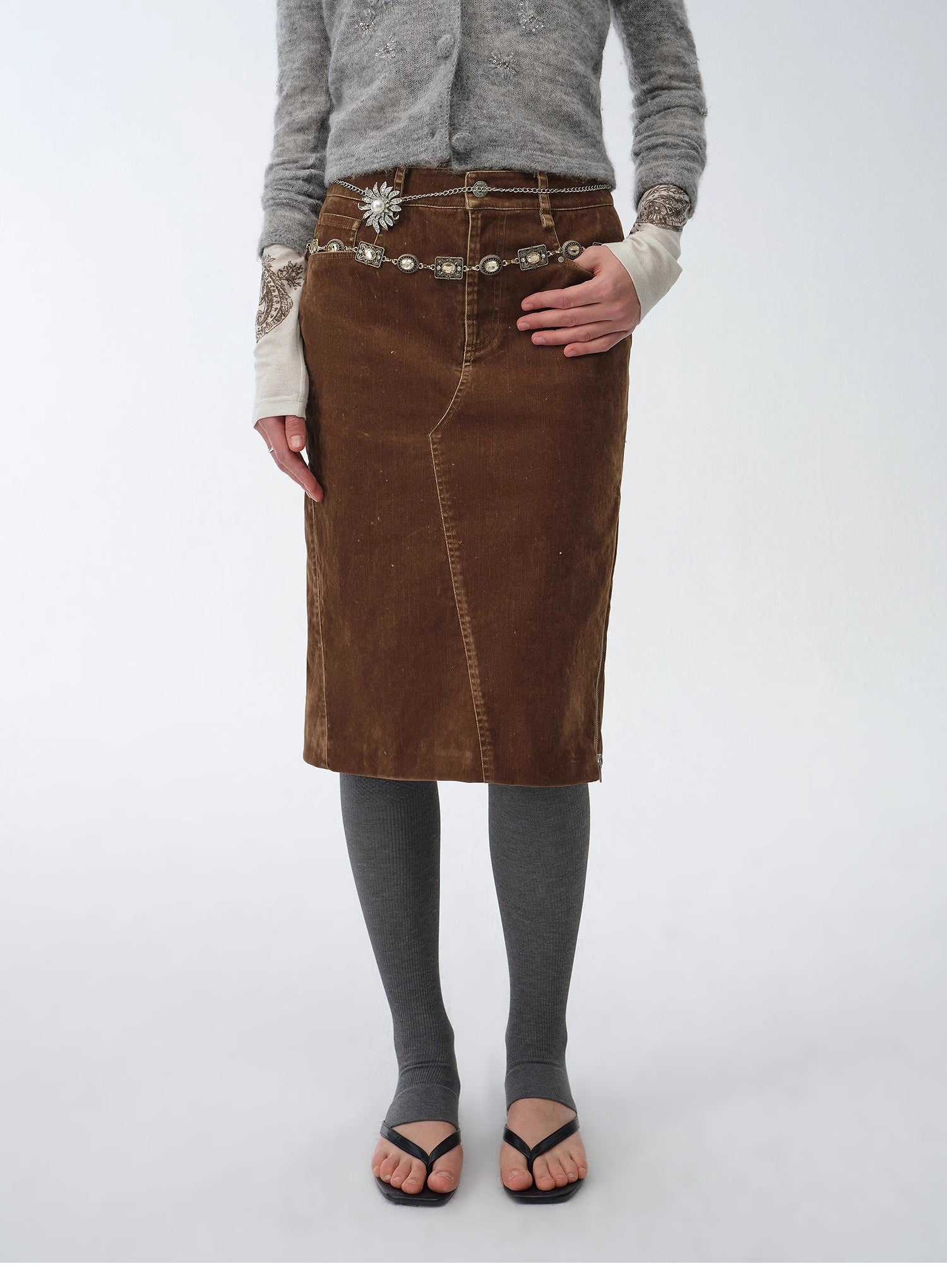 "Early Spring Sun" Retro Distressed Flocked Denim Straight Skirt Side Zipper Slit Skirt - variant_title