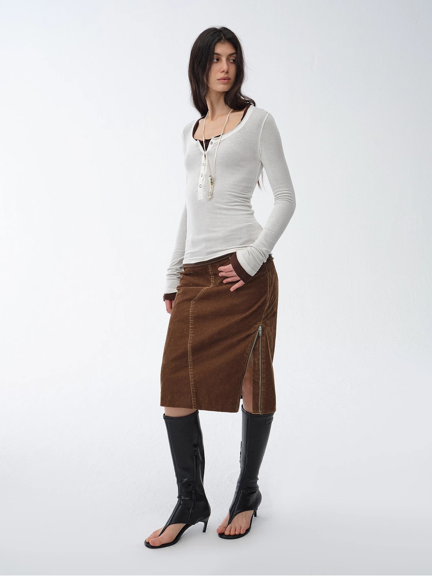 "Early Spring Sun" Retro Distressed Flocked Denim Straight Skirt Side Zipper Slit Skirt - variant_title