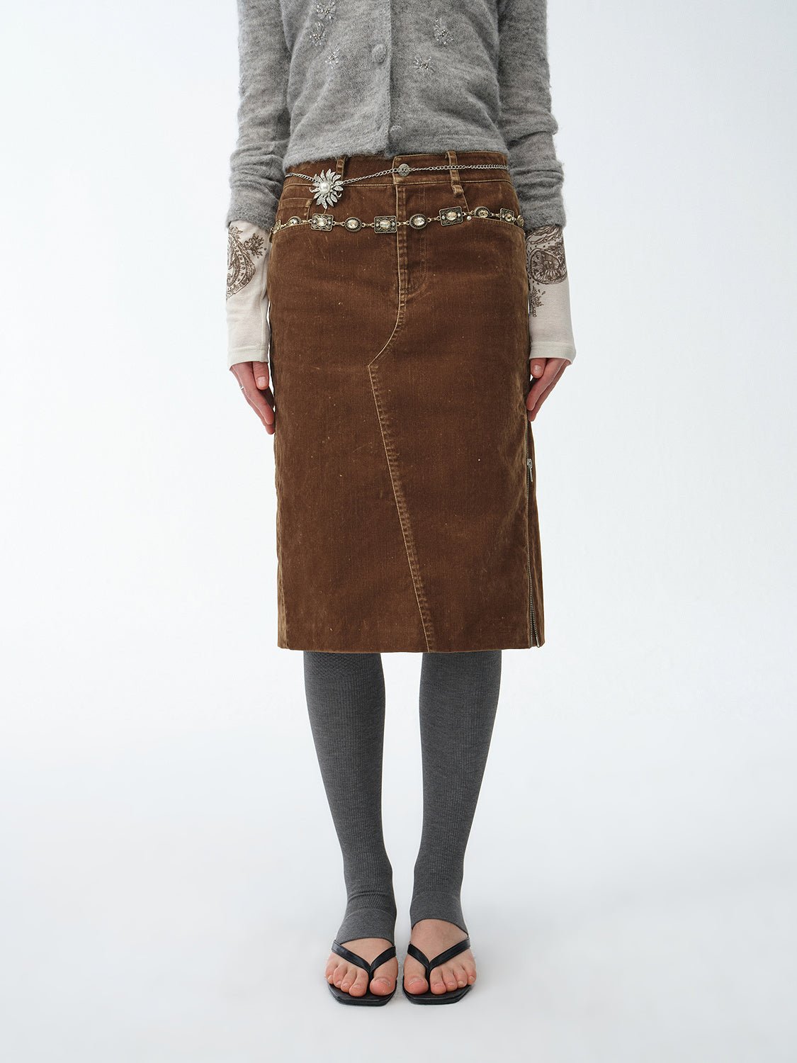 "Early Spring Sun" Retro Distressed Flocked Denim Straight Skirt Side Zipper Slit Skirt - variant_title