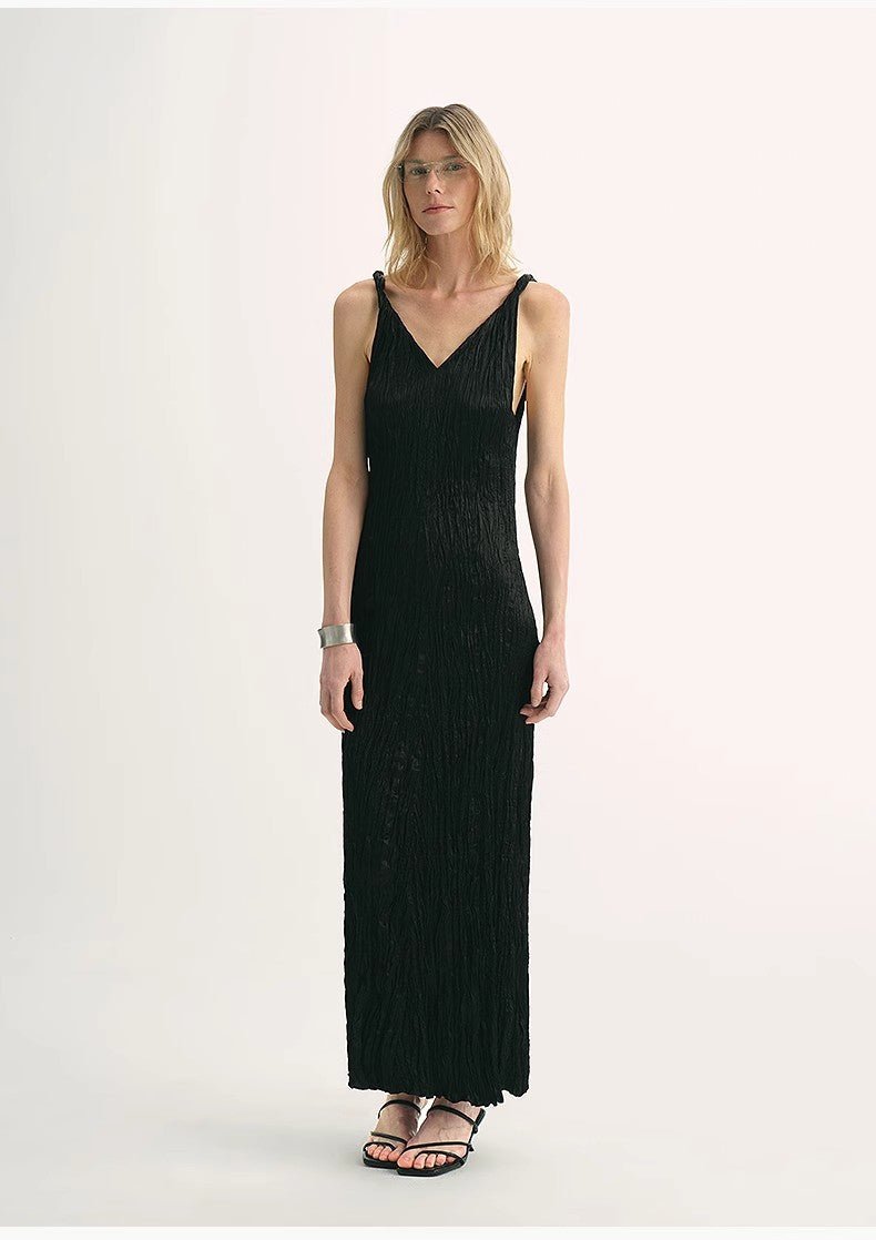 EASTMAN Ice Gloss Acetate Three - Dimensional Wave Drape Pleated V - Neck Suspender Dress - variant_title