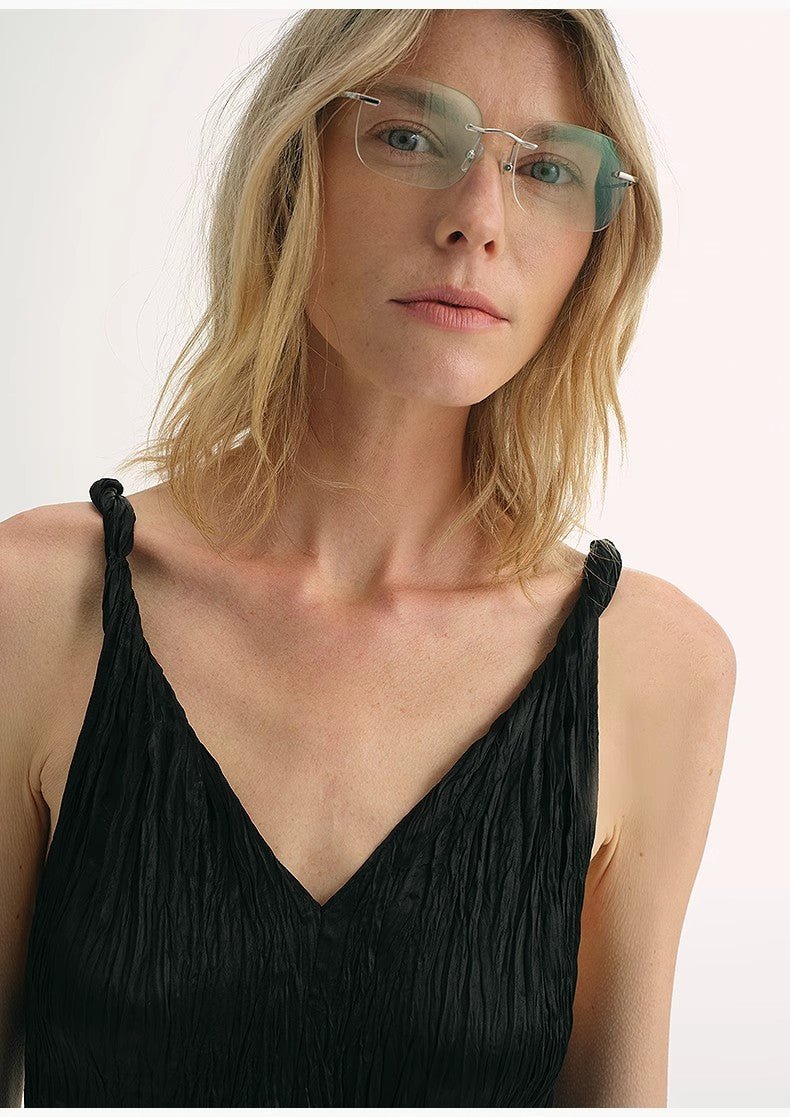 EASTMAN Ice Gloss Acetate Three - Dimensional Wave Drape Pleated V - Neck Suspender Dress - variant_title
