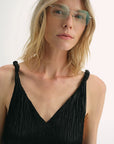 EASTMAN Ice Gloss Acetate Three - Dimensional Wave Drape Pleated V - Neck Suspender Dress - variant_title