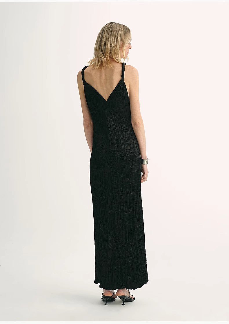 EASTMAN Ice Gloss Acetate Three - Dimensional Wave Drape Pleated V - Neck Suspender Dress - variant_title