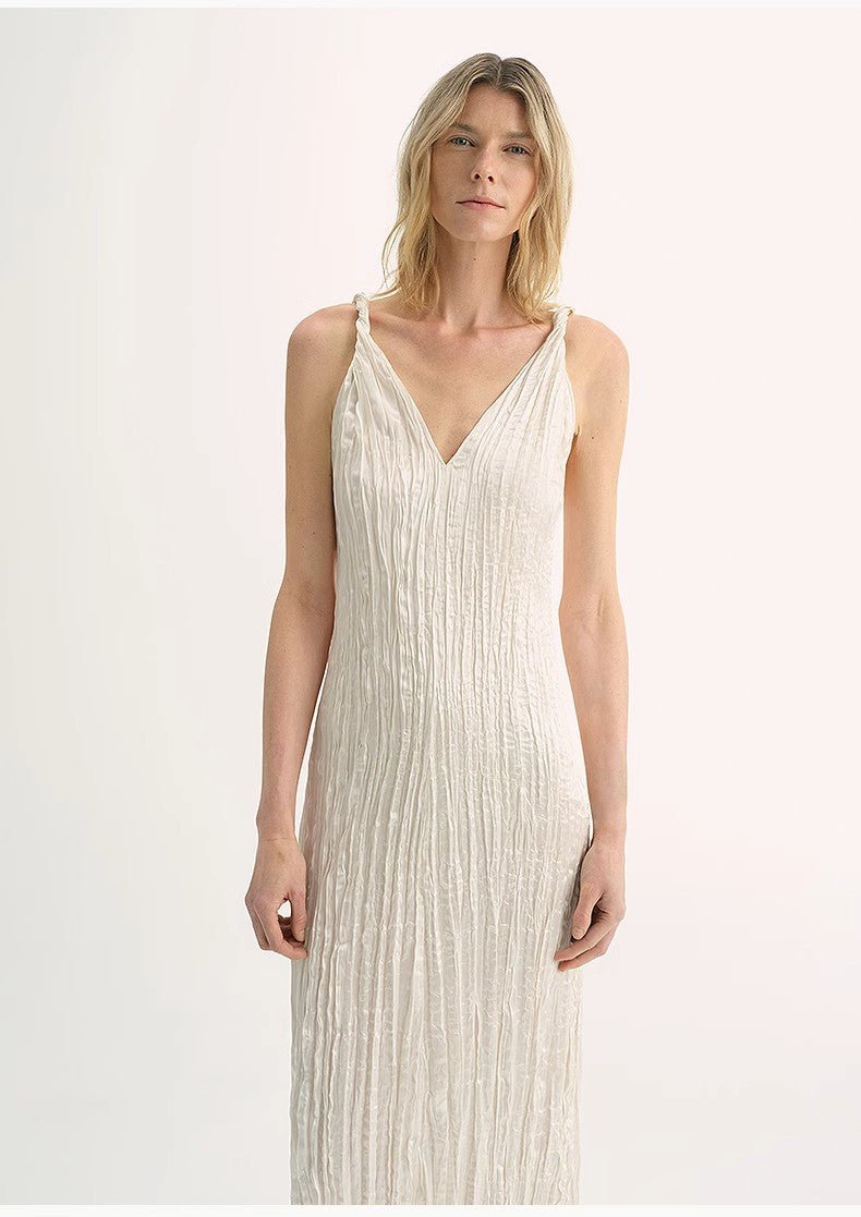 EASTMAN Ice Gloss Acetate Three - Dimensional Wave Drape Pleated V - Neck Suspender Dress - variant_title