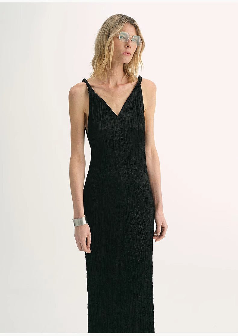EASTMAN Ice Gloss Acetate Three - Dimensional Wave Drape Pleated V - Neck Suspender Dress - variant_title