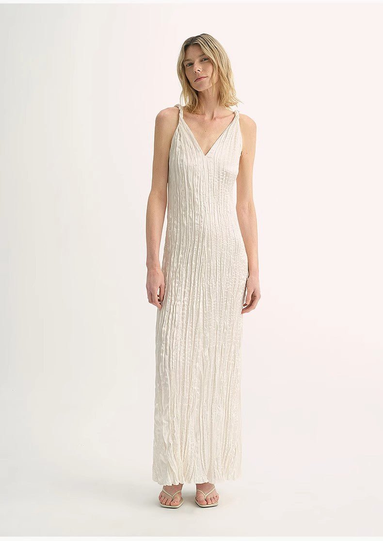 EASTMAN Ice Gloss Acetate Three - Dimensional Wave Drape Pleated V - Neck Suspender Dress - variant_title