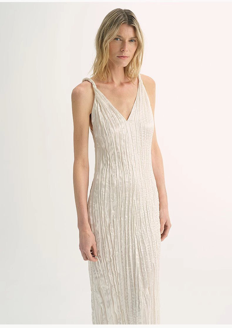 EASTMAN Ice Gloss Acetate Three - Dimensional Wave Drape Pleated V - Neck Suspender Dress - variant_title