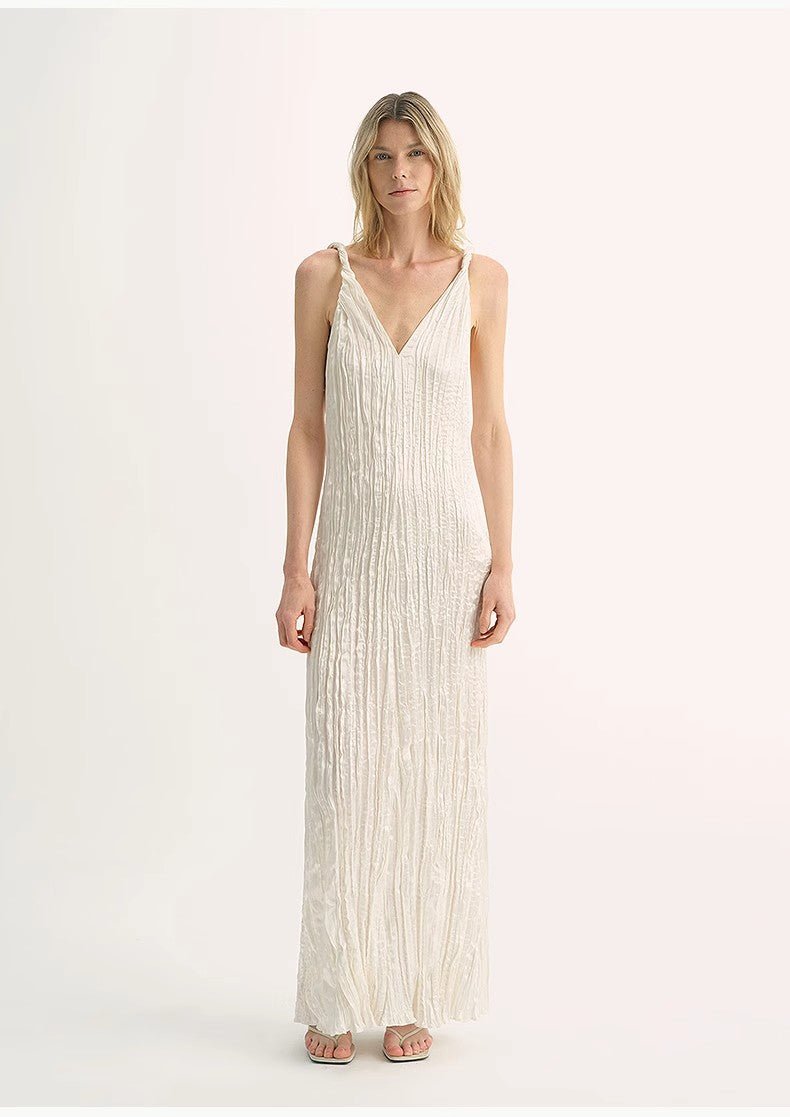 EASTMAN Ice Gloss Acetate Three - Dimensional Wave Drape Pleated V - Neck Suspender Dress - variant_title