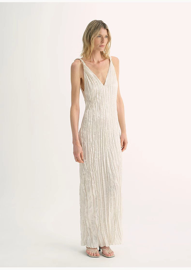 EASTMAN Ice Gloss Acetate Three - Dimensional Wave Drape Pleated V - Neck Suspender Dress - variant_title