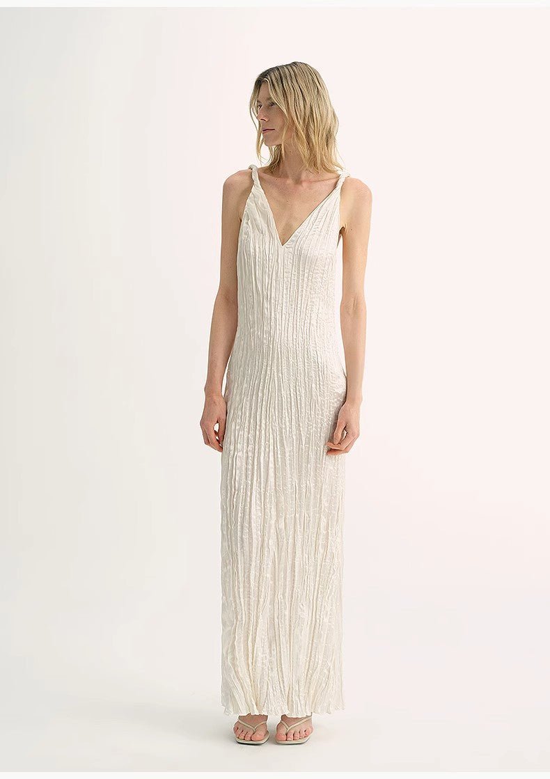 EASTMAN Ice Gloss Acetate Three - Dimensional Wave Drape Pleated V - Neck Suspender Dress - variant_title