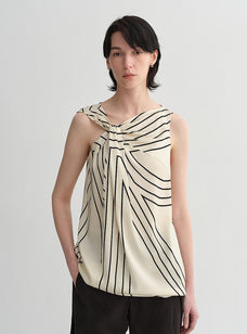 Elastic silk twisted collar original geometric print slim fit multi - occasion T-shirt sleeveless vest for women - variant_title