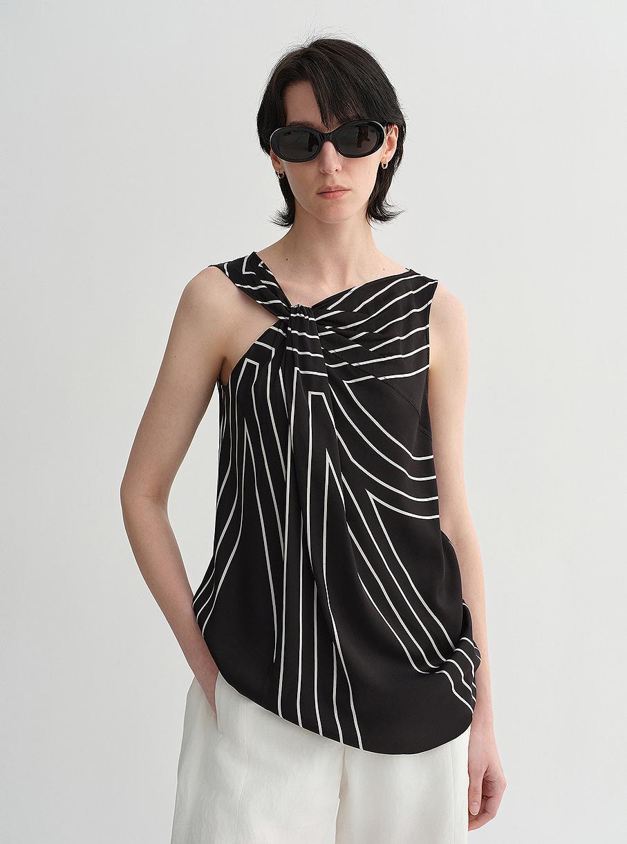 Elastic silk twisted collar original geometric print slim fit multi - occasion T-shirt sleeveless vest for women - variant_title