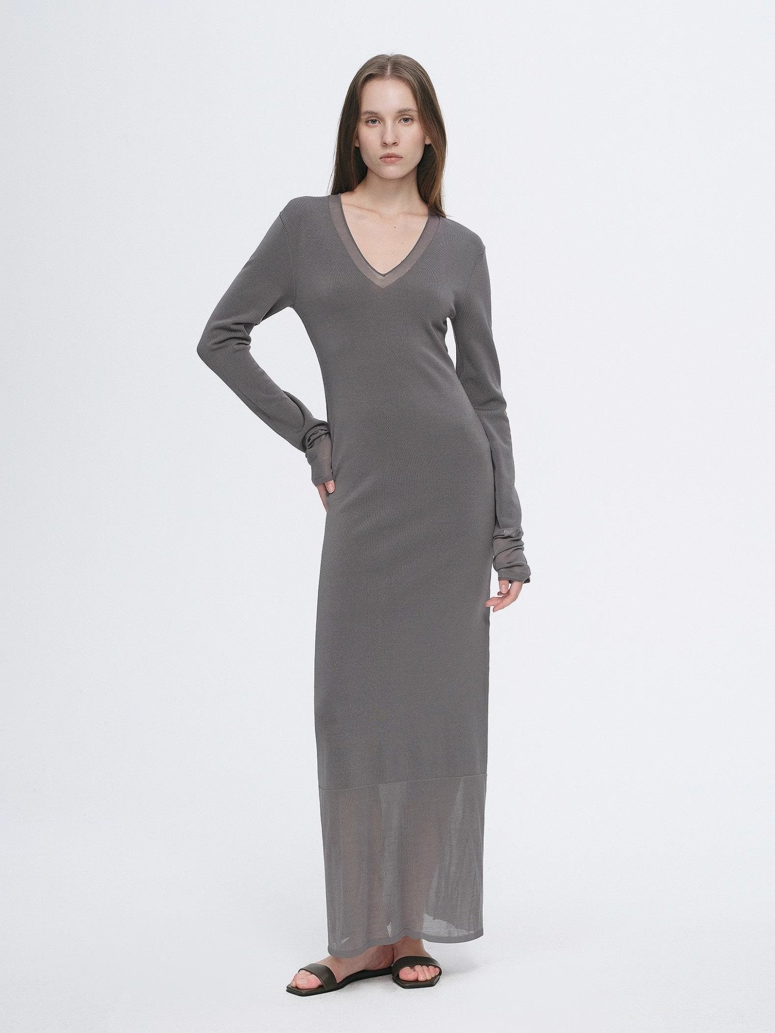 Elegant and intellectual triacetate Tencel blended skin - friendly transparent splicing design V - neck dress - variant_title