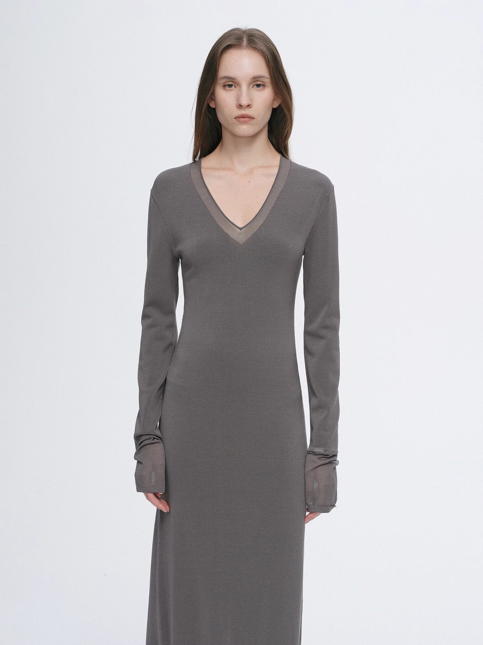 Elegant and intellectual triacetate Tencel blended skin - friendly transparent splicing design V - neck dress - variant_title