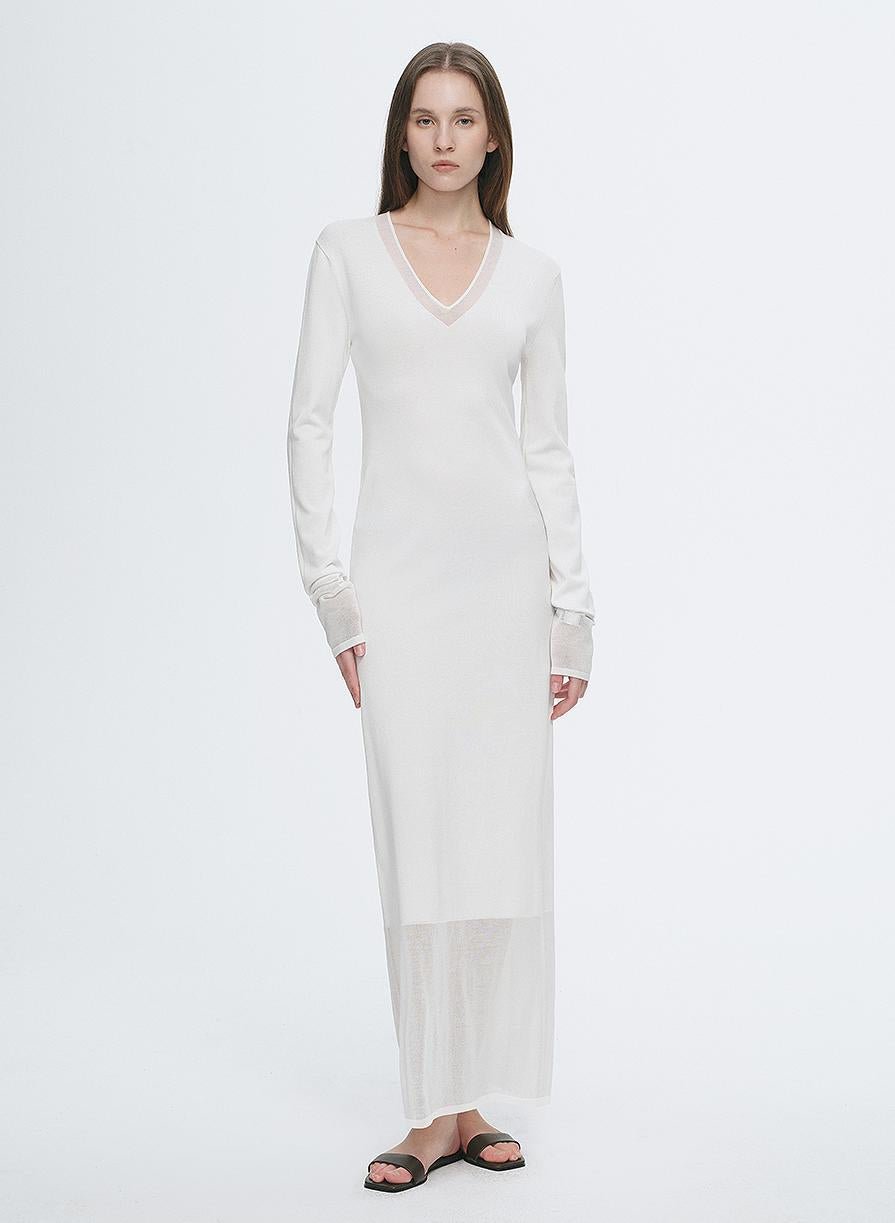 Elegant and intellectual triacetate Tencel blended skin - friendly transparent splicing design V - neck dress - variant_title