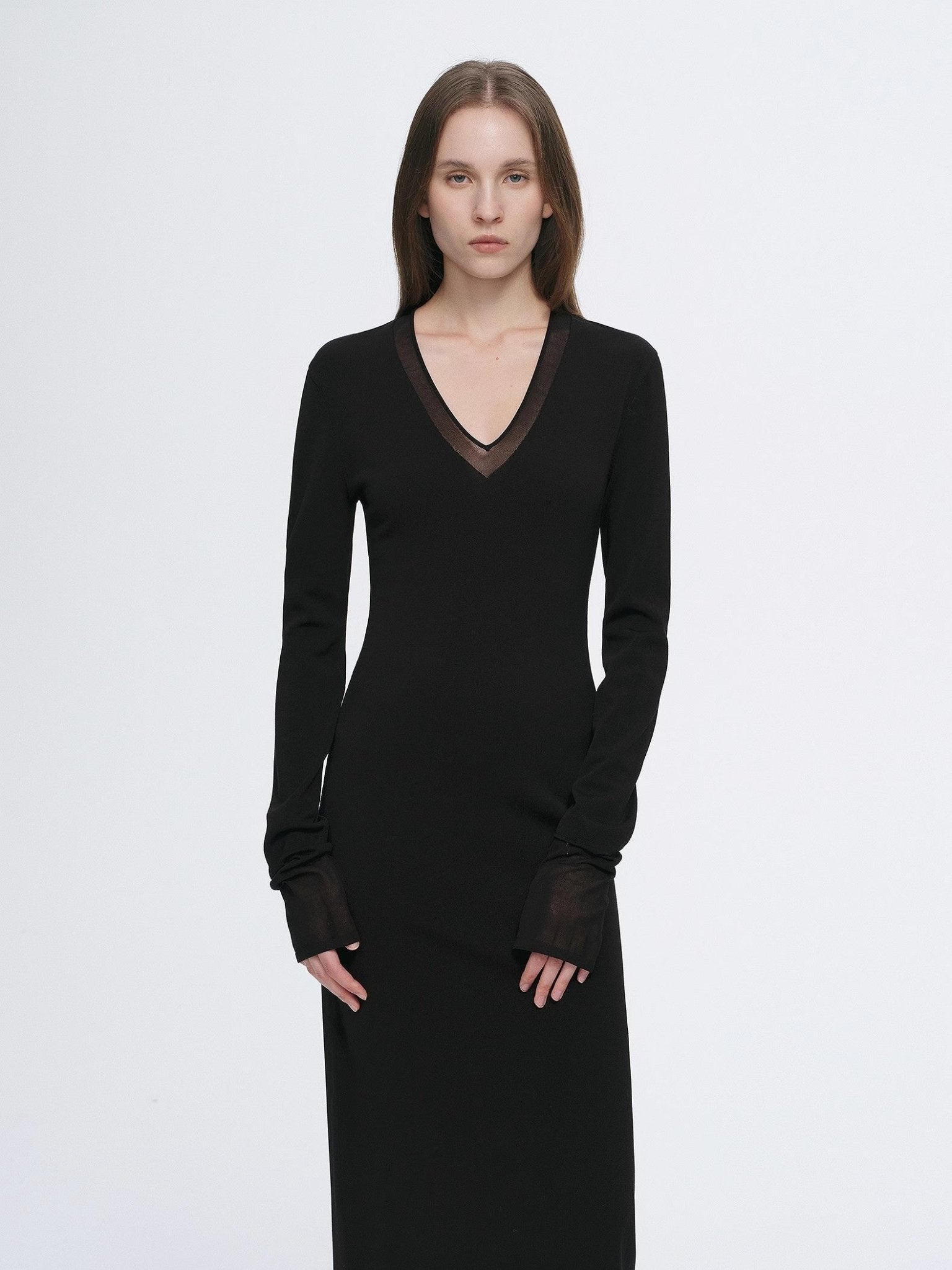 Elegant and intellectual triacetate Tencel blended skin - friendly transparent splicing design V - neck dress - variant_title