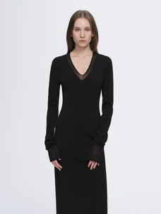 Elegant and intellectual triacetate Tencel blended skin - friendly transparent splicing design V - neck dress - variant_title