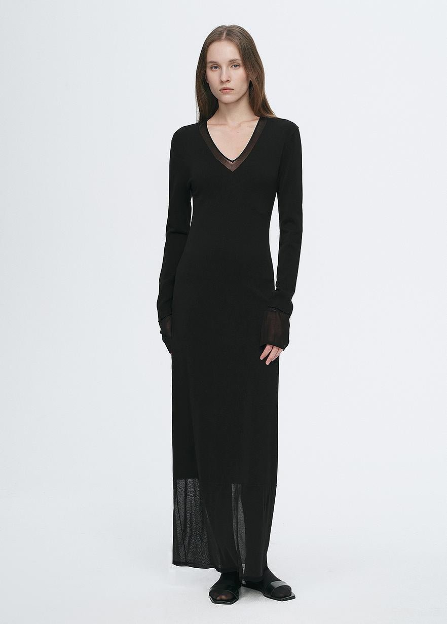 Elegant and intellectual triacetate Tencel blended skin - friendly transparent splicing design V - neck dress - variant_title
