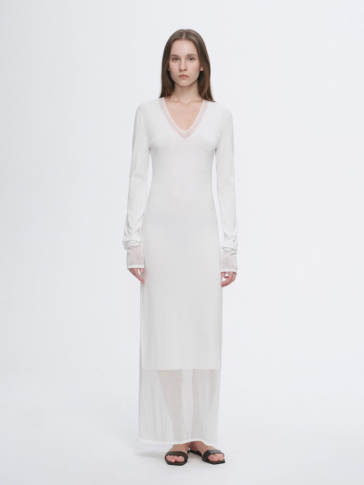 Elegant and intellectual triacetate Tencel blended skin - friendly transparent splicing design V - neck dress - variant_title