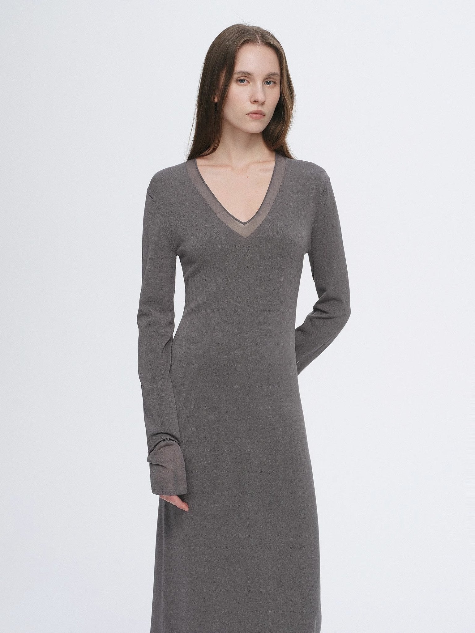Elegant and intellectual triacetate Tencel blended skin - friendly transparent splicing design V - neck dress - variant_title