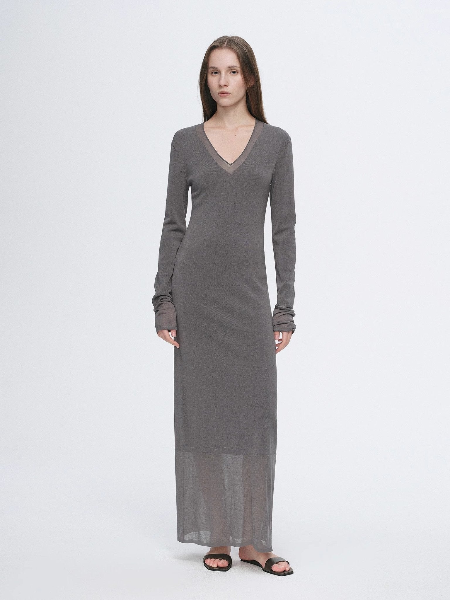 Elegant and intellectual triacetate Tencel blended skin - friendly transparent splicing design V - neck dress - variant_title