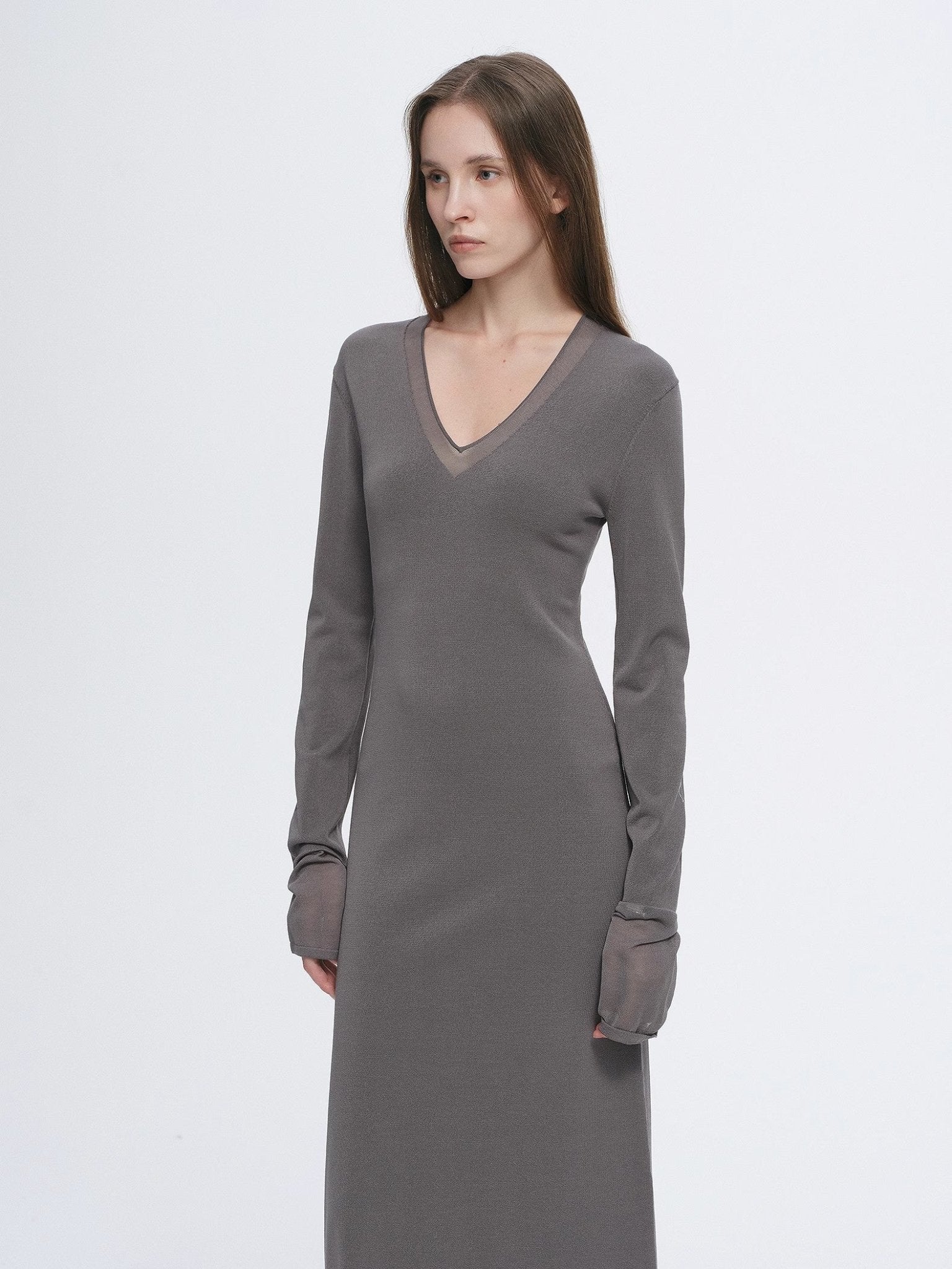 Elegant and intellectual triacetate Tencel blended skin - friendly transparent splicing design V - neck dress - variant_title