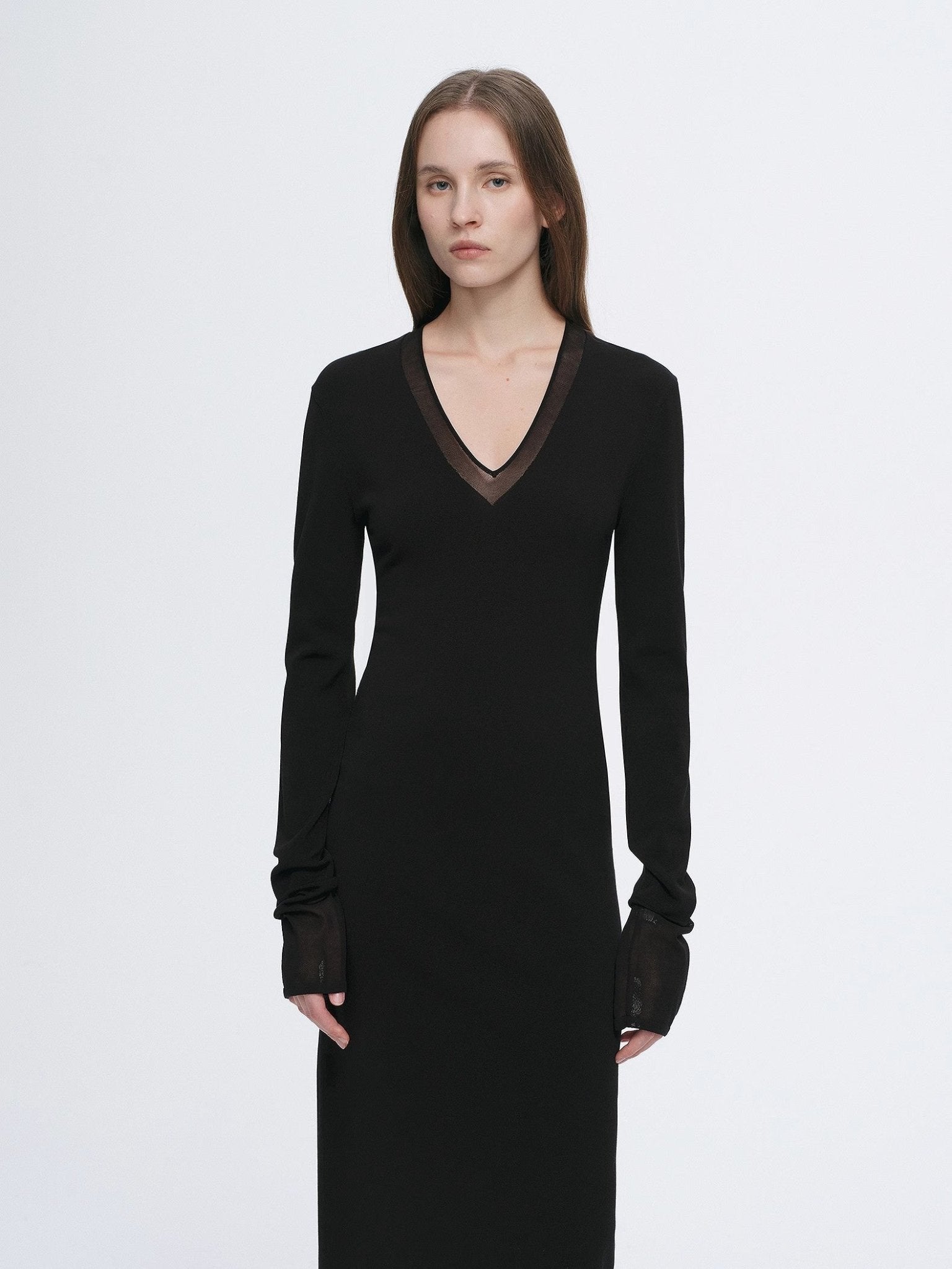 Elegant and intellectual triacetate Tencel blended skin - friendly transparent splicing design V - neck dress - variant_title
