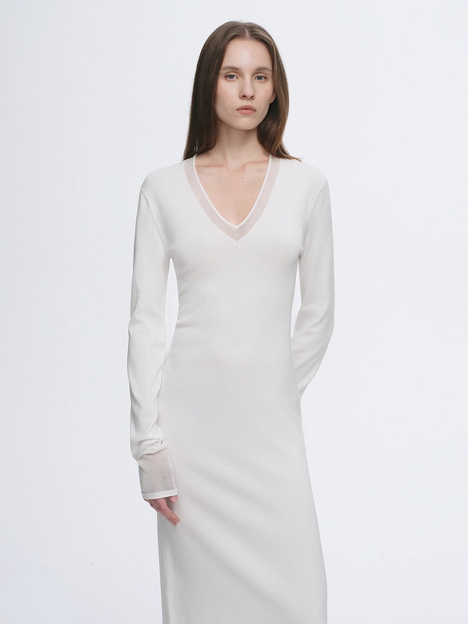Elegant and intellectual triacetate Tencel blended skin - friendly transparent splicing design V - neck dress - variant_title