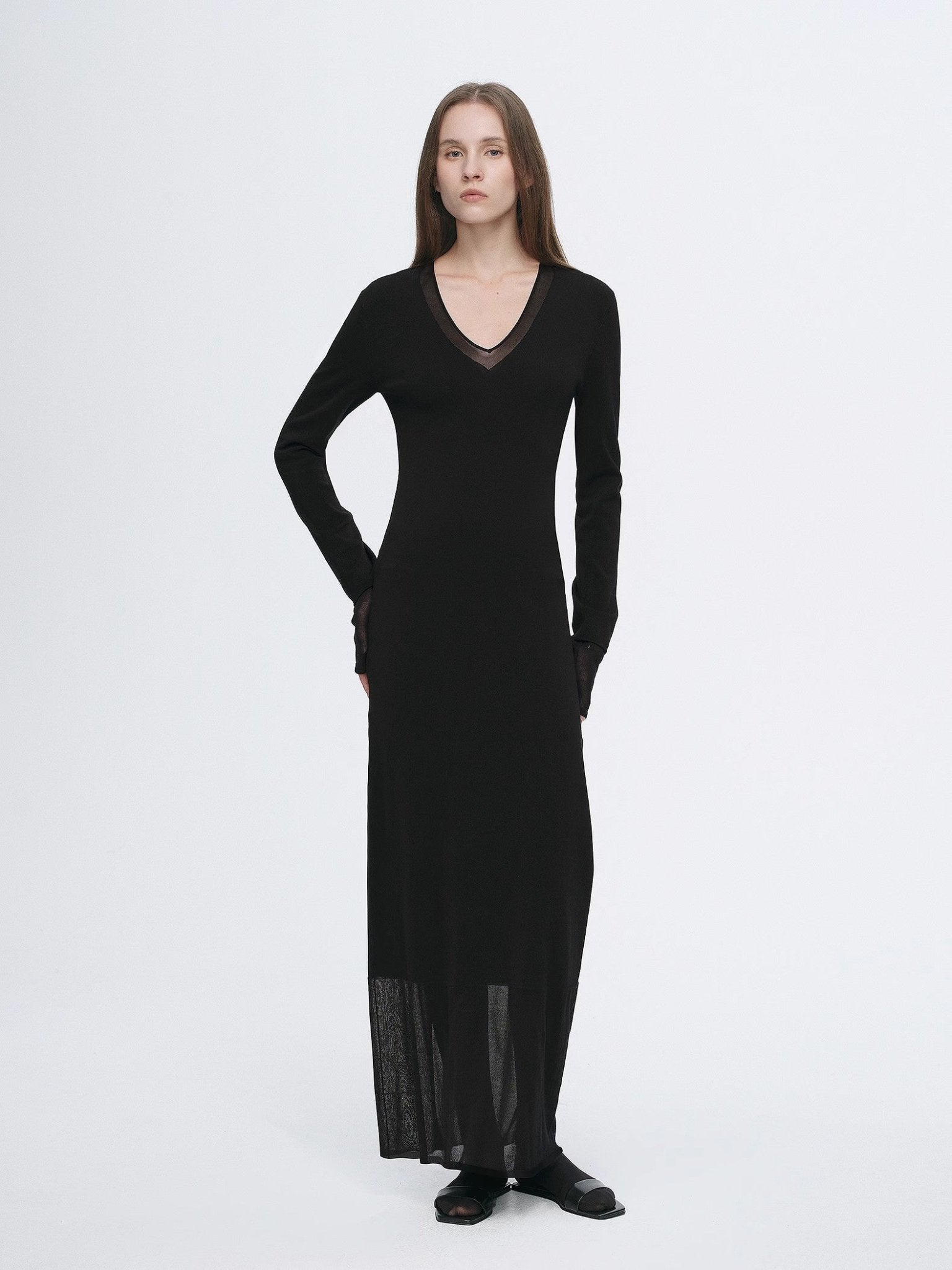 Elegant and intellectual triacetate Tencel blended skin - friendly transparent splicing design V - neck dress - variant_title