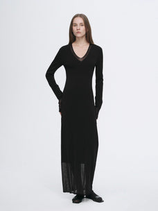 Elegant and intellectual triacetate Tencel blended skin - friendly transparent splicing design V - neck dress - variant_title