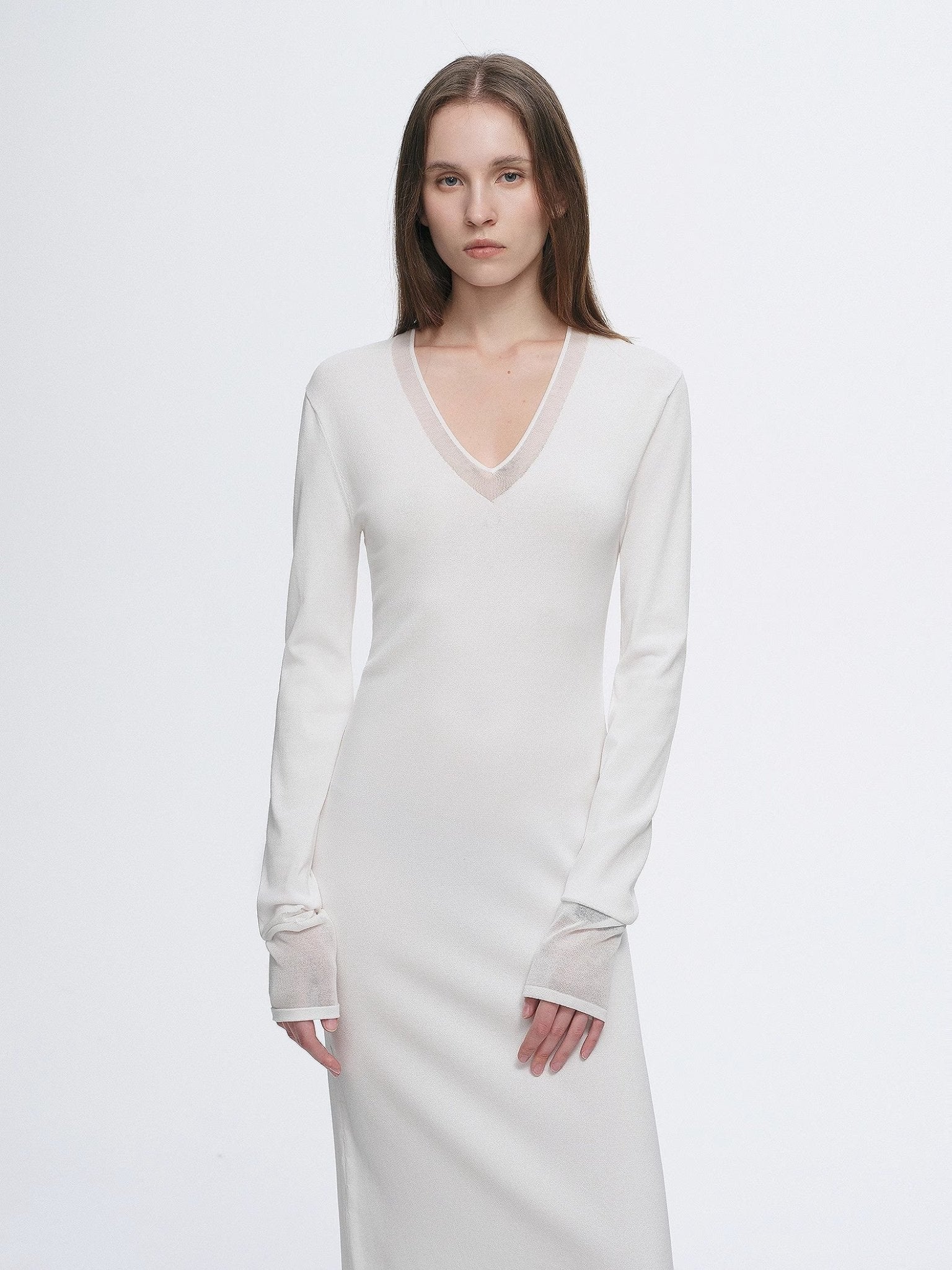 Elegant and intellectual triacetate Tencel blended skin - friendly transparent splicing design V - neck dress - variant_title