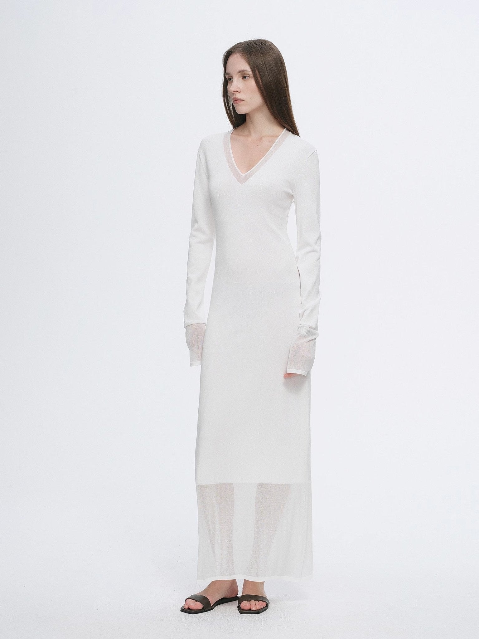 Elegant and intellectual triacetate Tencel blended skin - friendly transparent splicing design V - neck dress - variant_title