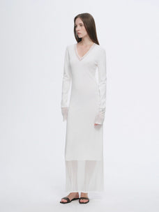 Elegant and intellectual triacetate Tencel blended skin - friendly transparent splicing design V - neck dress - variant_title