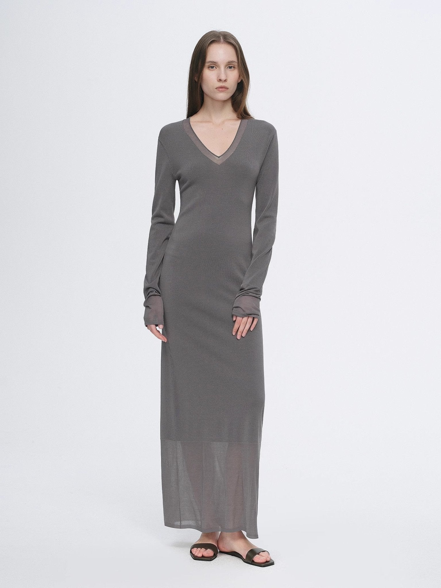 Elegant and intellectual triacetate Tencel blended skin - friendly transparent splicing design V - neck dress - variant_title