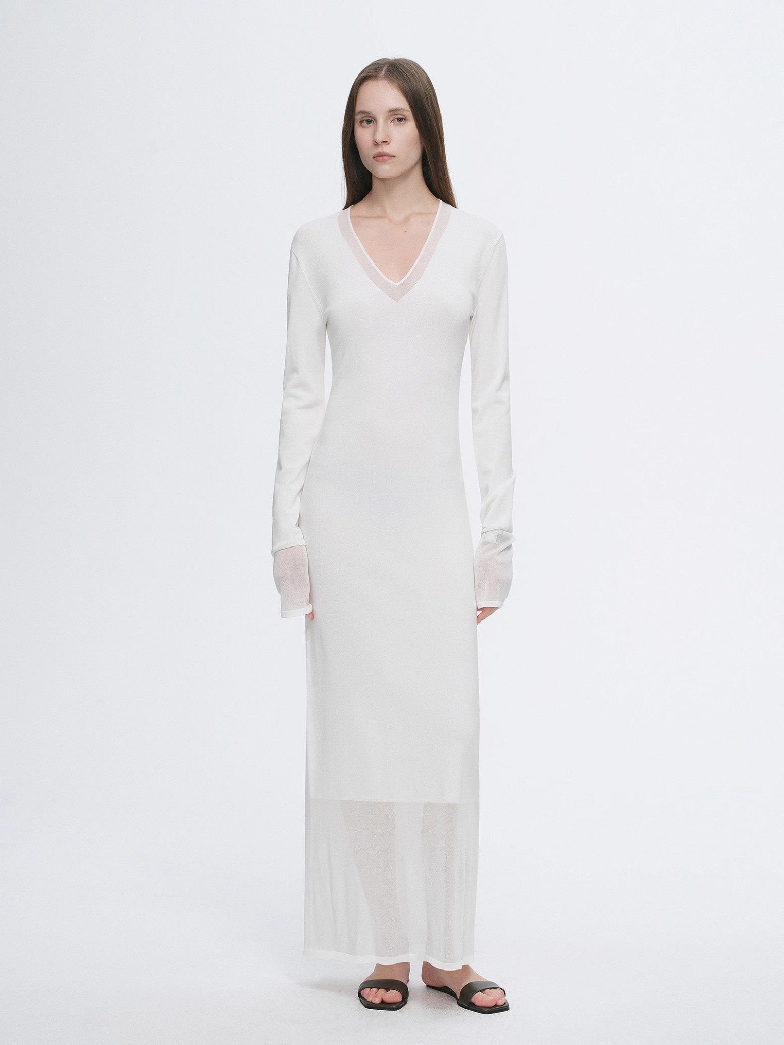 Elegant and intellectual triacetate Tencel blended skin - friendly transparent splicing design V - neck dress - variant_title