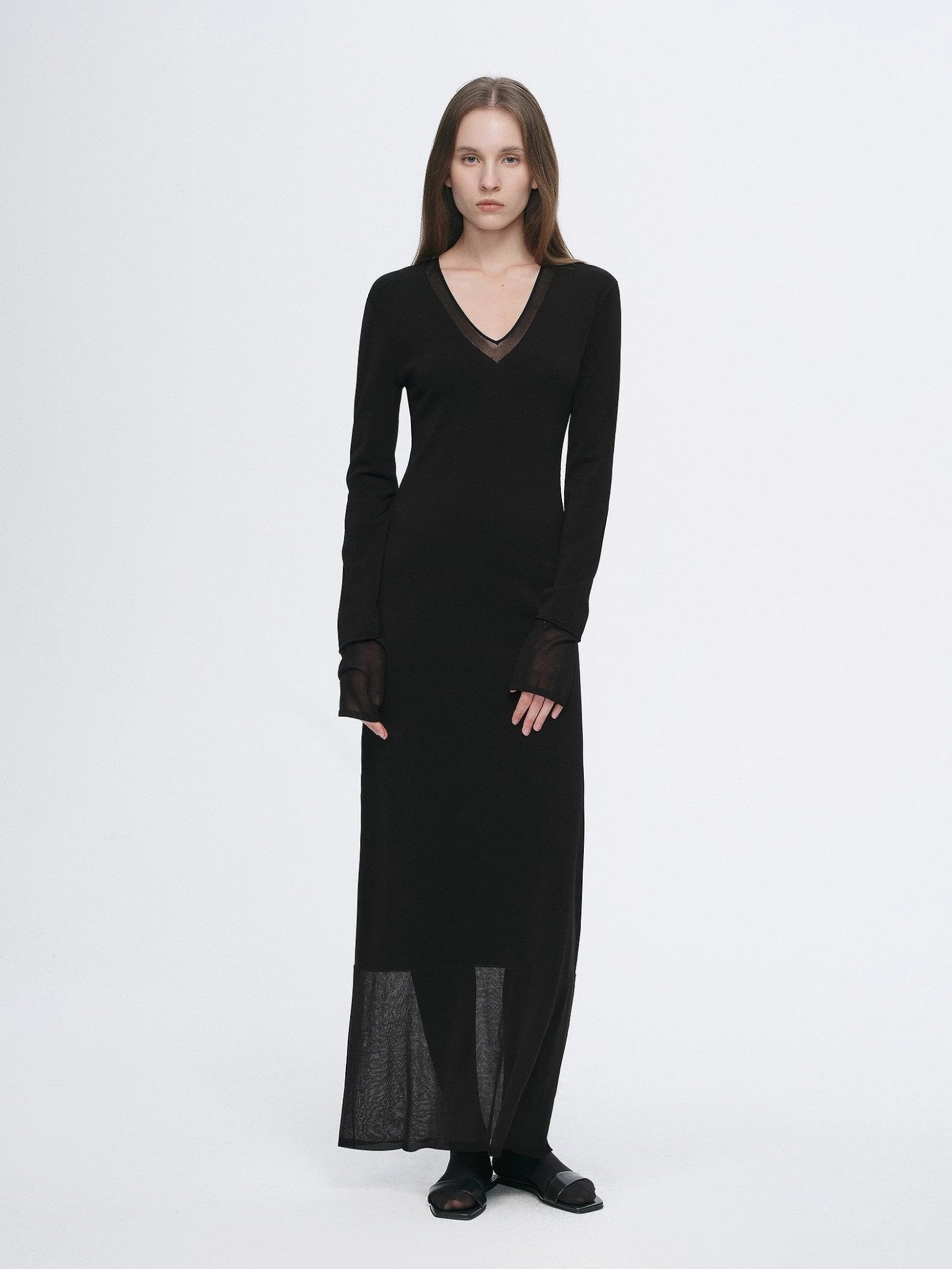Elegant and intellectual triacetate Tencel blended skin - friendly transparent splicing design V - neck dress - variant_title