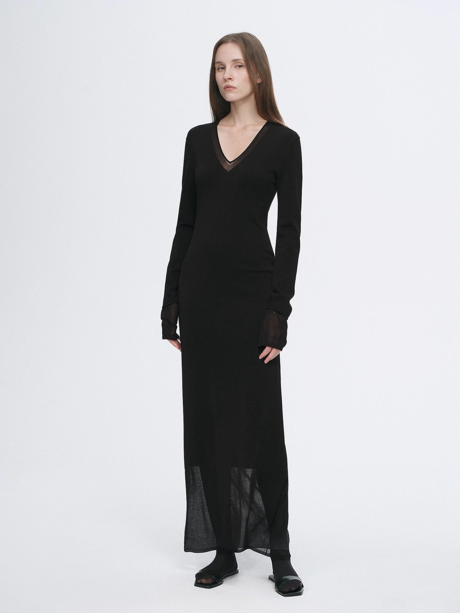 Elegant and intellectual triacetate Tencel blended skin - friendly transparent splicing design V - neck dress - variant_title