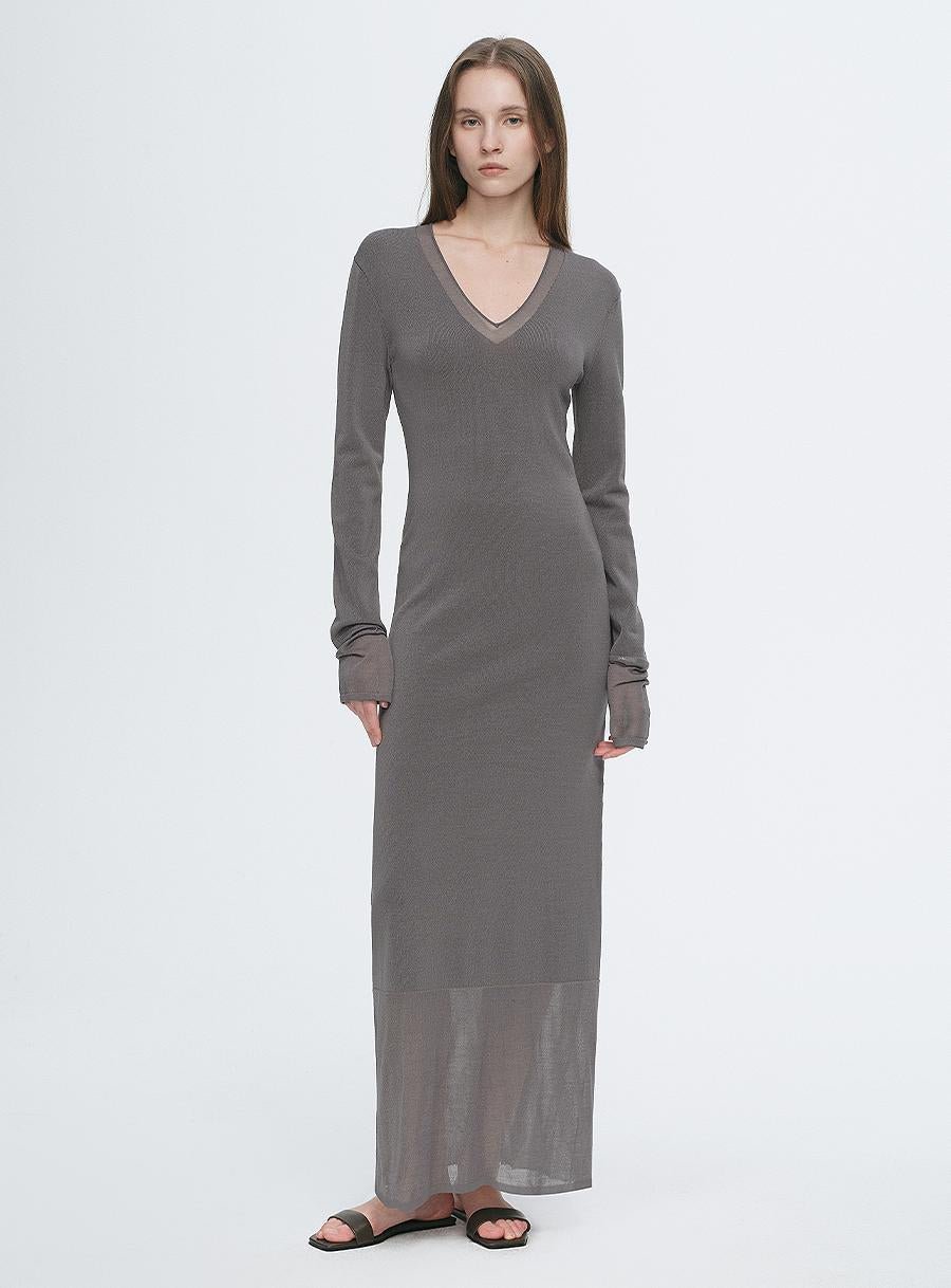Elegant and intellectual triacetate Tencel blended skin - friendly transparent splicing design V - neck dress - variant_title