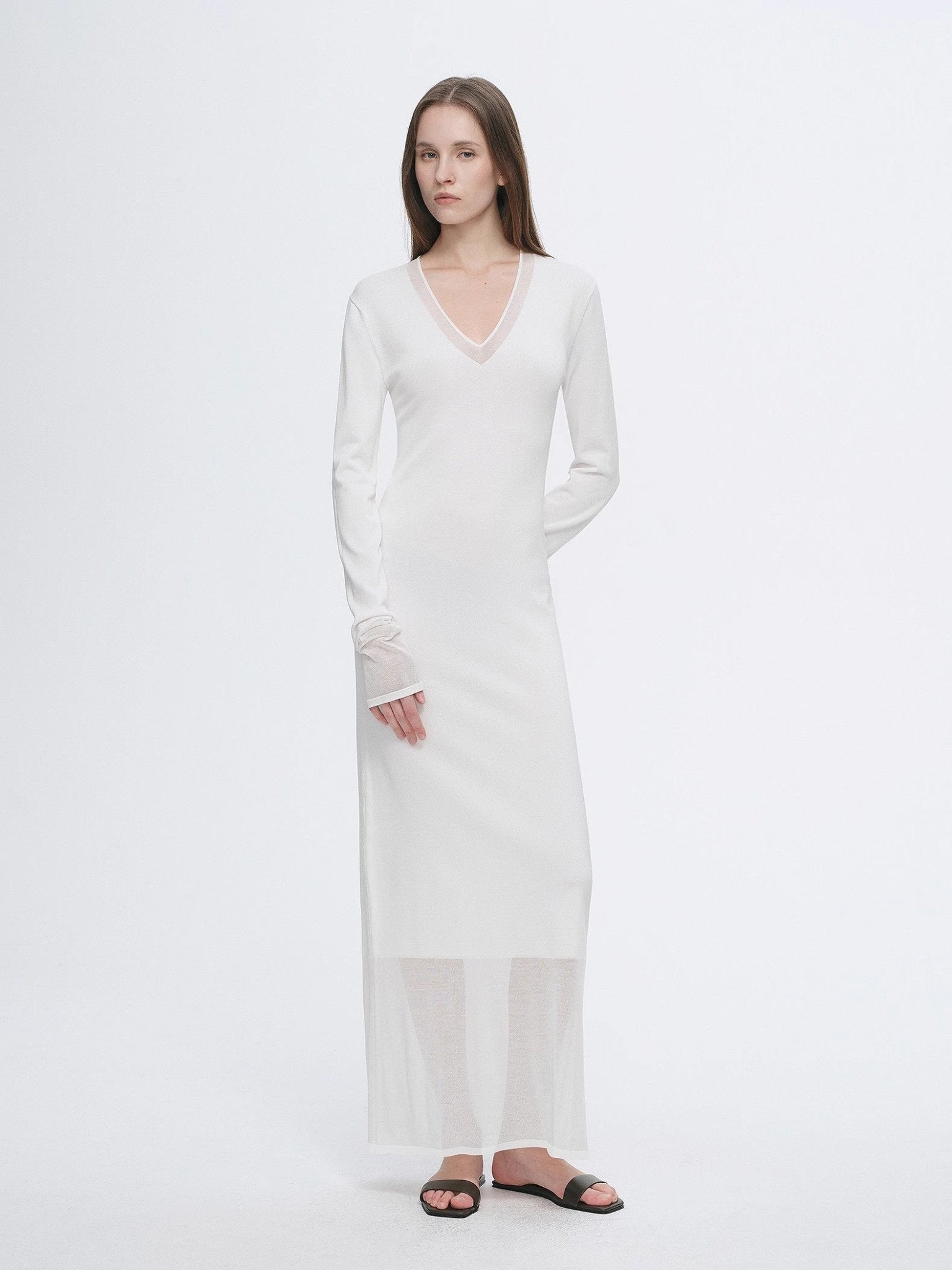 Elegant and intellectual triacetate Tencel blended skin - friendly transparent splicing design V - neck dress - variant_title