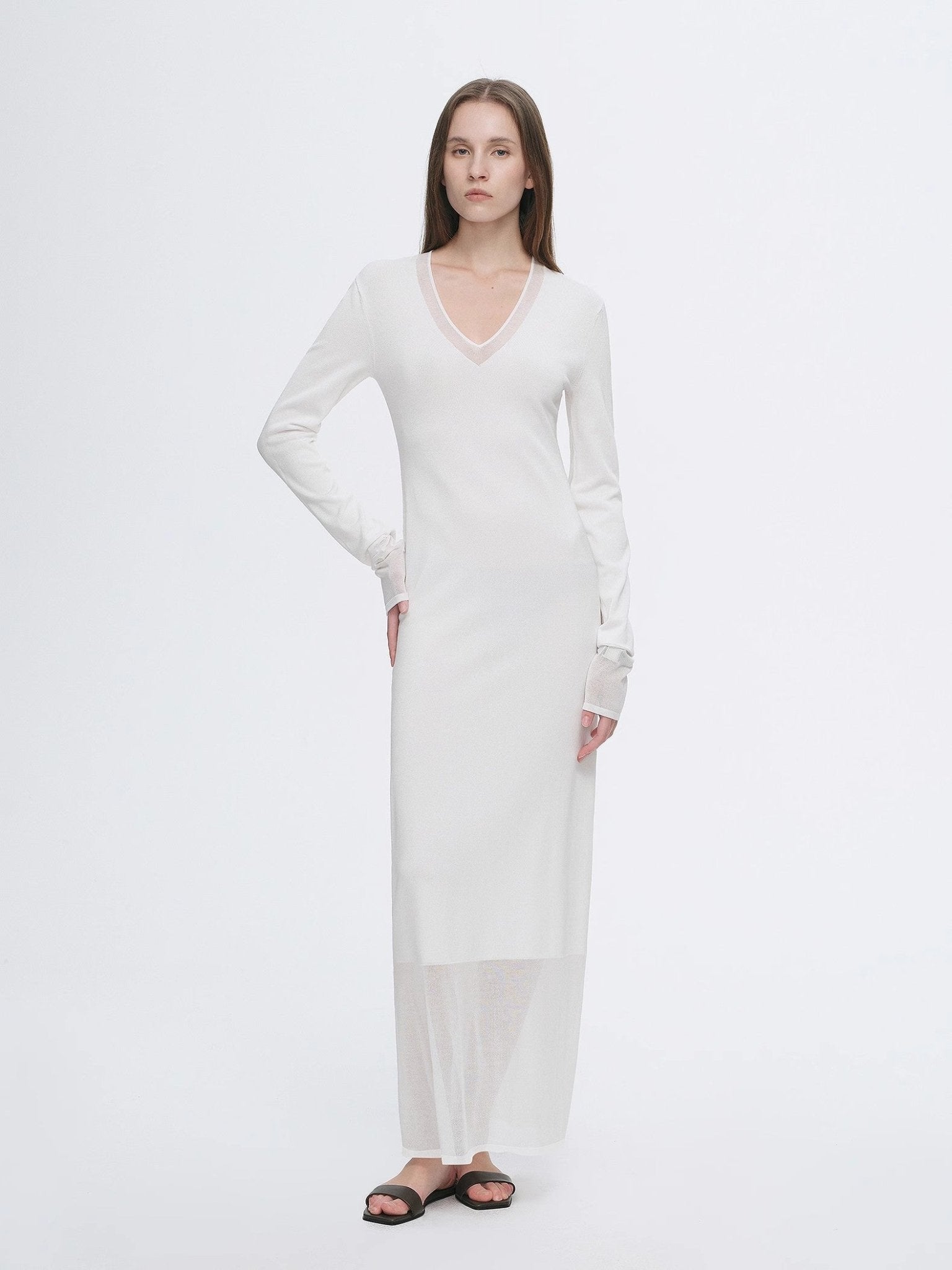 Elegant and intellectual triacetate Tencel blended skin - friendly transparent splicing design V - neck dress - variant_title