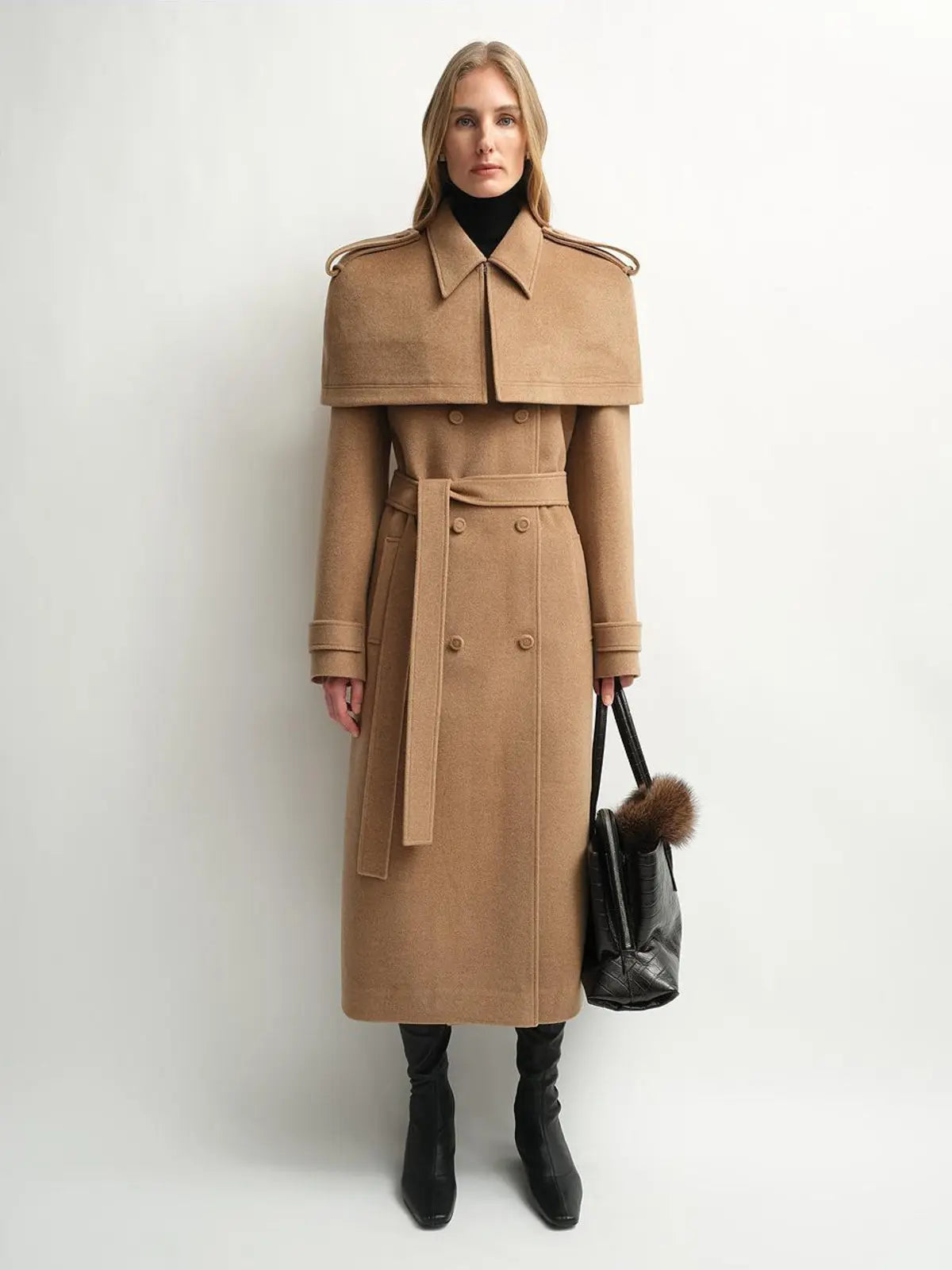 Elegant Silhouette alpaca wool coat with detachable cape product image 05