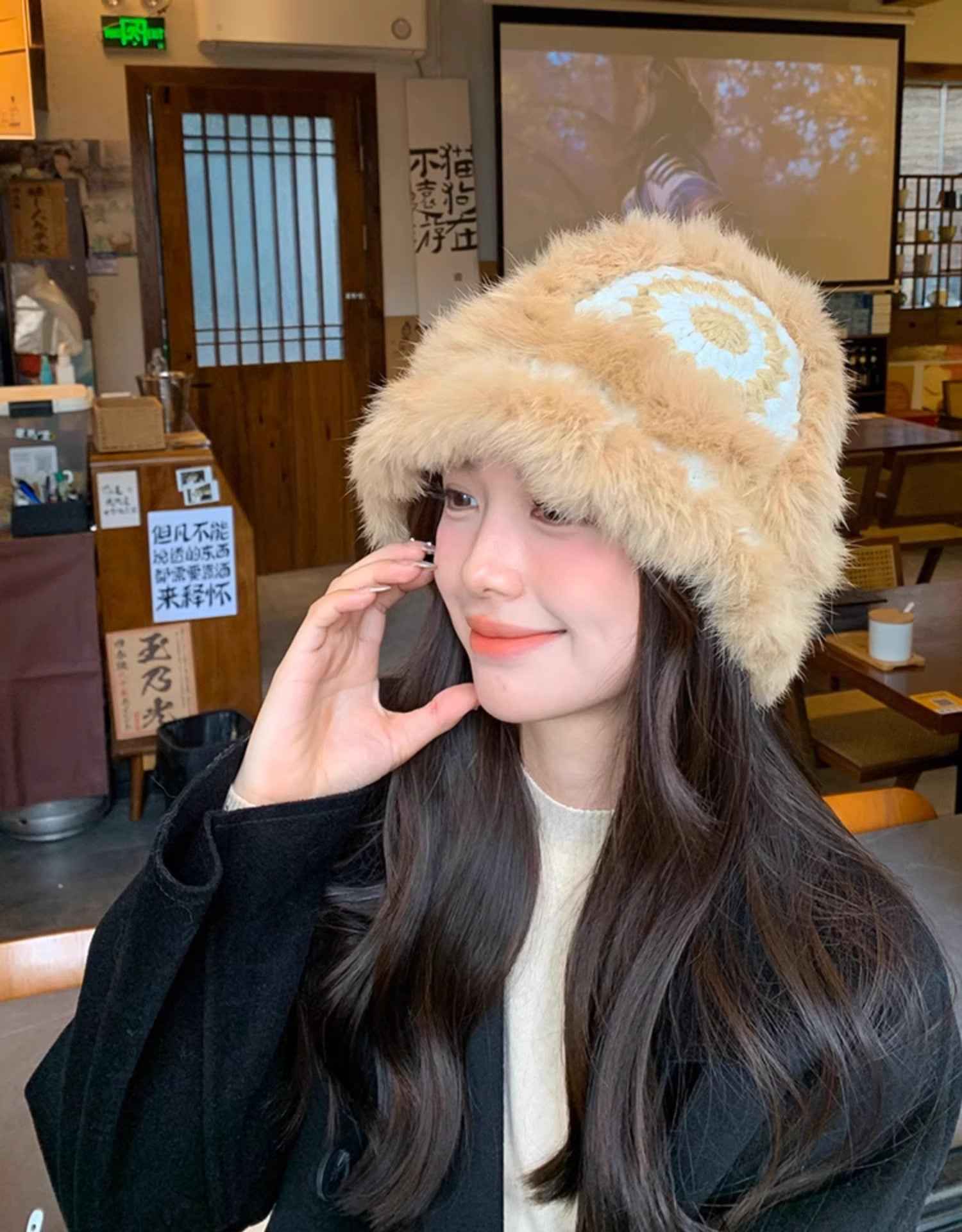 Ethnic festive rabbit fur knitted plush hat - variant_title