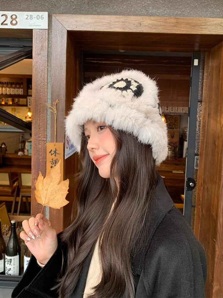 Ethnic festive rabbit fur knitted plush hat - variant_title