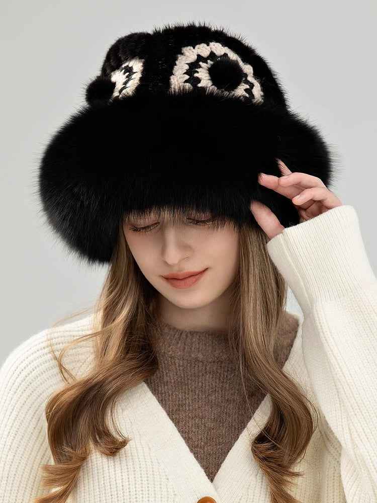 Ethnic style mink warm ear protection fox fur bucket hat - variant_title