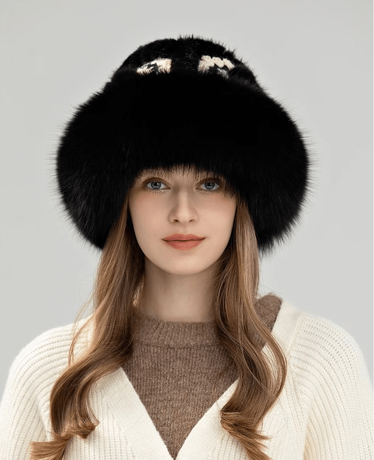 Ethnic style mink warm ear protection fox fur bucket hat - variant_title