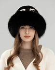 Ethnic style mink warm ear protection fox fur bucket hat - variant_title