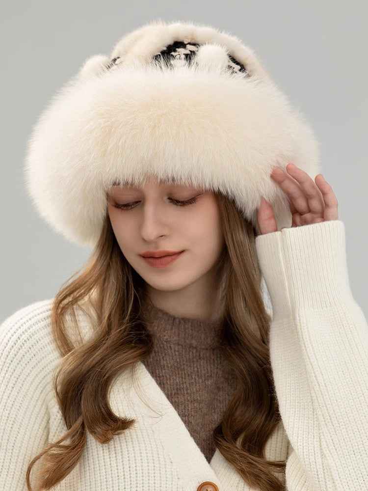 Ethnic style mink warm ear protection fox fur bucket hat - variant_title